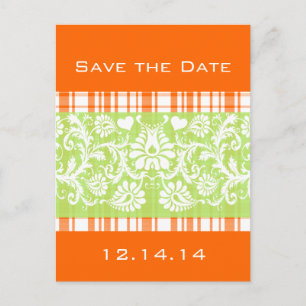Green On Orange Plaid Topped Off with White Damask Announcement Postcard