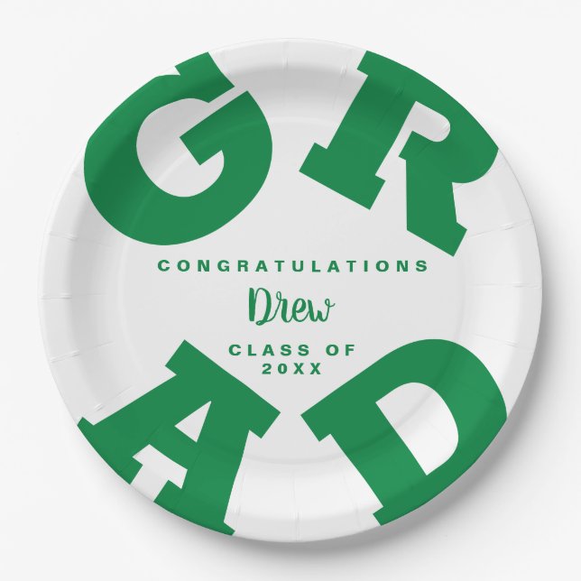 Green on White Customized Bold Grad Paper Plate (Front)