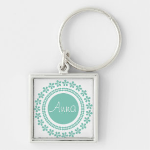 Green on white floral keychain with your name