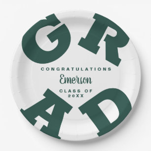 Green on White Personalized Graduation Party Paper Plate