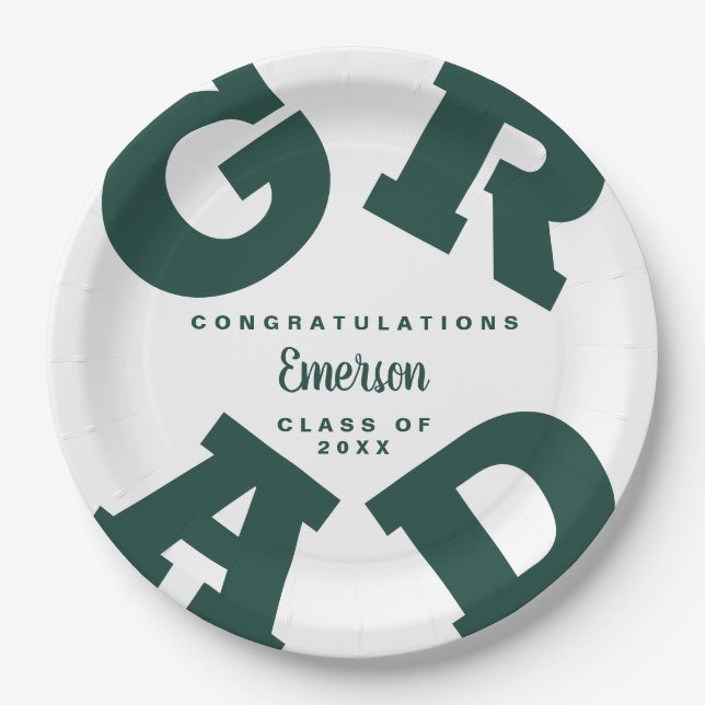 Green on White Personalized Graduation Party Paper Plate (Front)