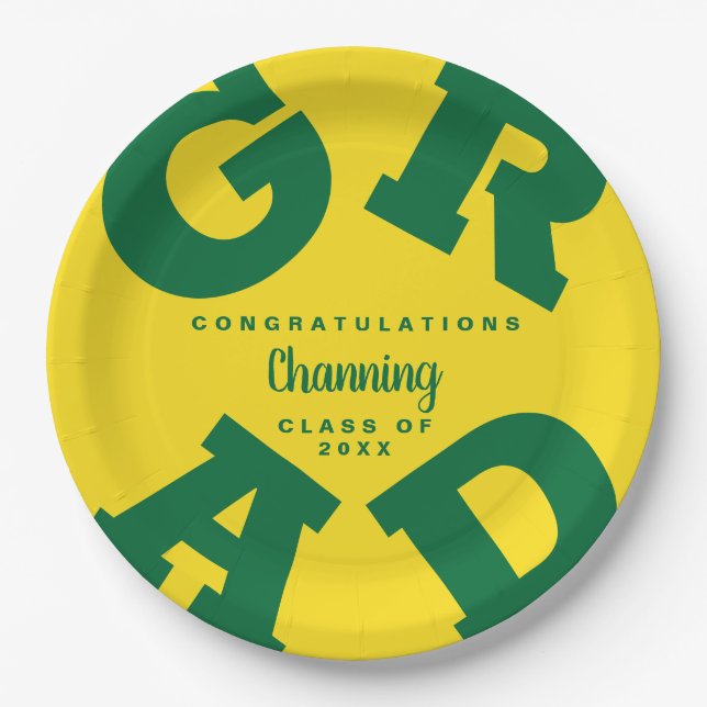 Green on Yellow Grad Text Graduation Paper Plate (Front)