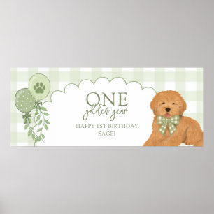 Green One Golden Year Goldendoodle Puppy Birthday Poster