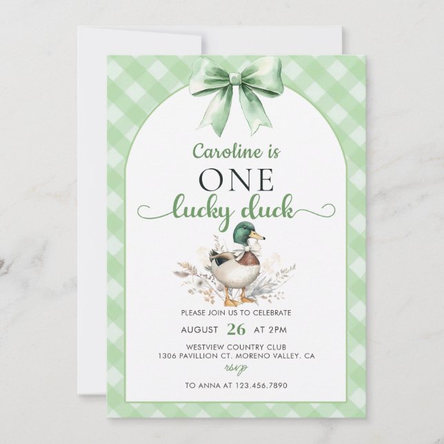 Green One Lucky Duck 1er Invitation anniversaire (Devant)