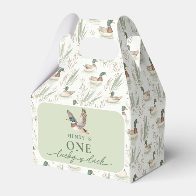 Green One Lucky Duck 1st Birthday Favour Box (Front Side)