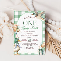 Green One Lucky Duck 1st Birthday  Invitation