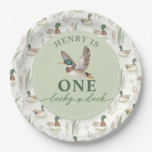 Green One Lucky Duck 1st Birthday Paper Plates 