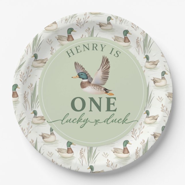 Green One Lucky Duck 1st Birthday Paper Plates  (Front)