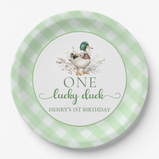 Green One Lucky Duck 1st Birthday Paper Plates  (Front)