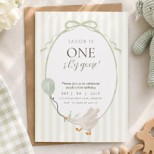 Green One Silly Goose First Birthday Invitation 