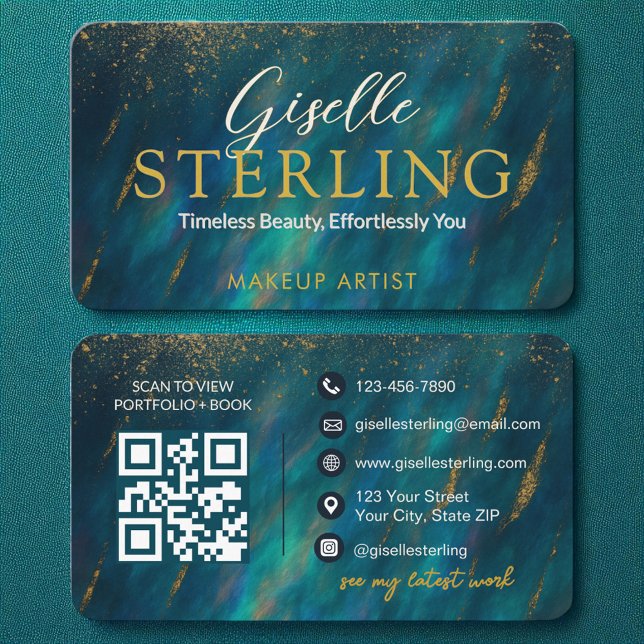 Green Opal Glam Stone Script  Modern QR Code Business Card (Creator Uploaded)