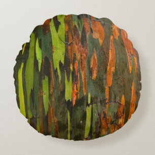 Green, orange, and black abstract painting round pillow