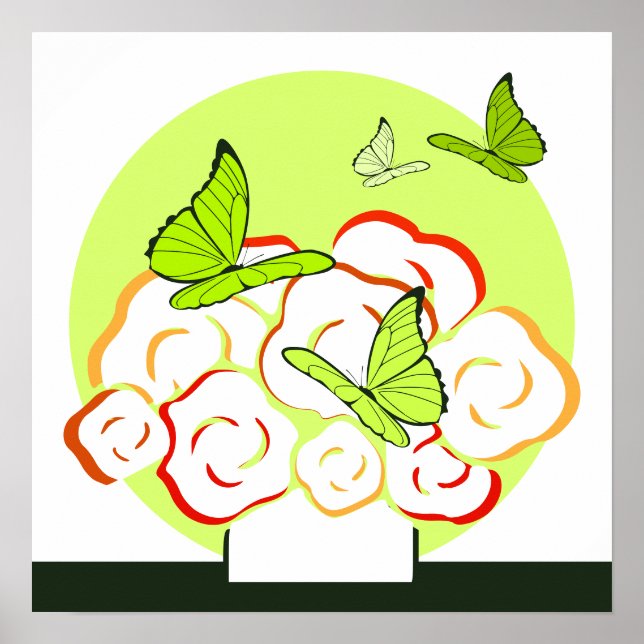 Green & Orange Bouquet & Butterflies Square  Poster (Front)