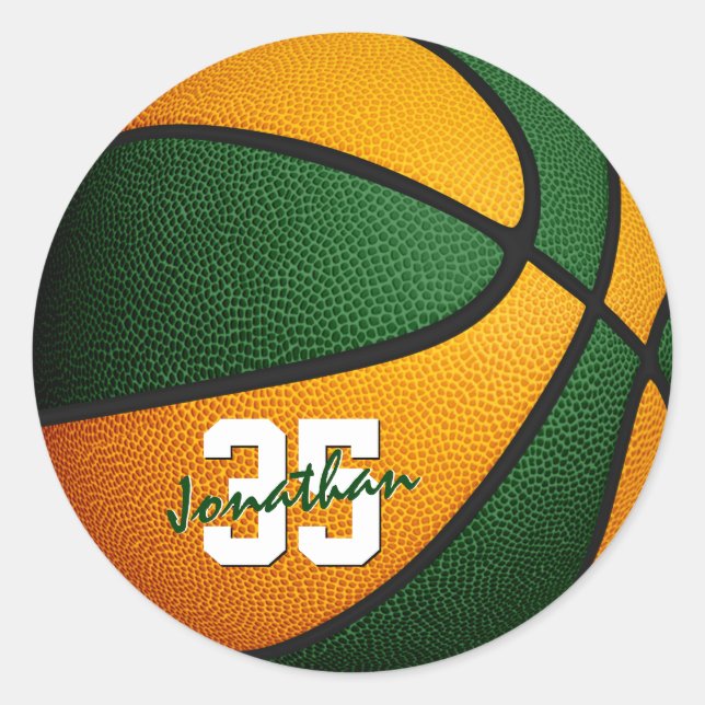 green orange boys girls basketball team colours classic round sticker (Front)