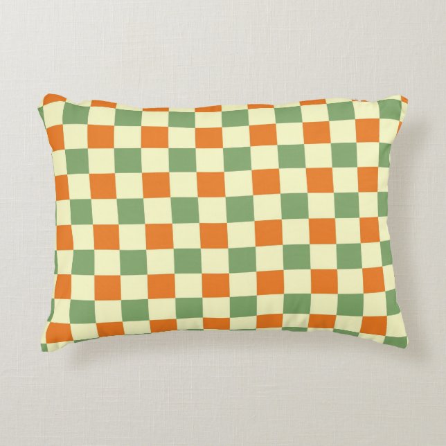 Green Orange Brown Chequered Gingham Pattern Accent Pillow (Front)