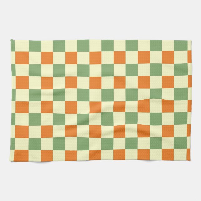 Green Orange Brown Chequered Gingham Pattern Kitchen Towel (Horizontal)