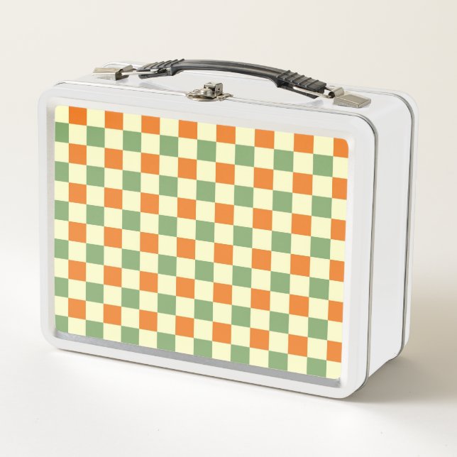 Green Orange Brown Chequered Gingham Pattern Metal Lunch Box (Front)