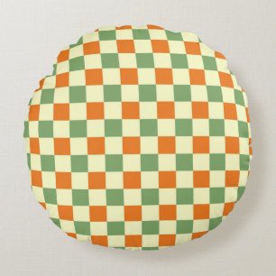 Green Orange Brown Chequered Gingham Pattern Round Pillow