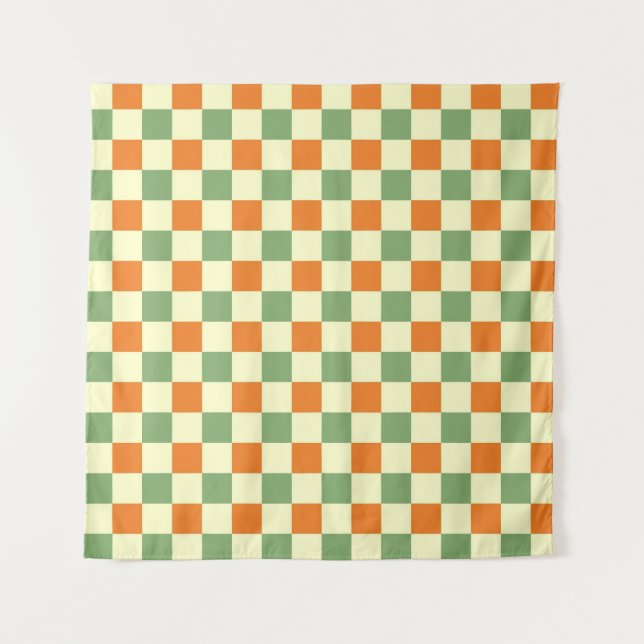Green Orange Brown Chequered Gingham Pattern Tapestry (Front)