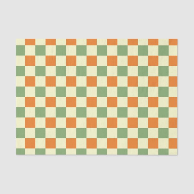 Green Orange Brown Chequered Gingham Pattern Tissue Paper (Front)