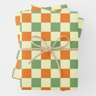 Green Orange Brown Chequered Gingham Pattern Wrapping Paper Sheet