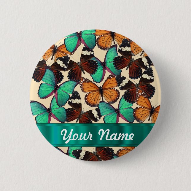 Green & orange butterflies 2 inch round button (Front)