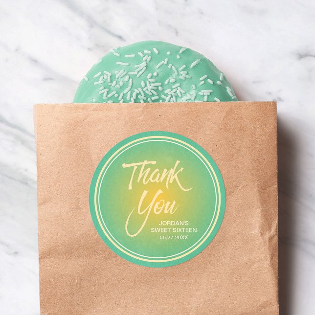 Green & Orange Citrus Gradient Sweet 16 Thank You Classic Round Sticker (Creator Uploaded)