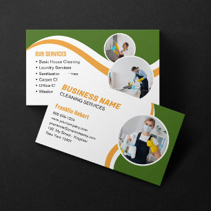 Green & Orange Cleaning Service Housekeeping Maid Business Card
