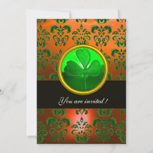 GREEN  ORANGE DAMASK WITH SHAMROCK ,black Invitation