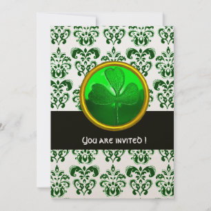 GREEN ORANGE DAMASK WITH SHAMROCK Black White Invitation