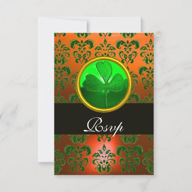GREEN  ORANGE DAMASK WITH SHAMROCK ,RSVP black RSVP Card (Front)