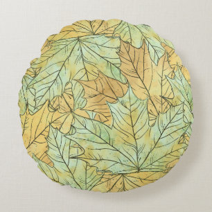 GREEN & ORANGE FALL LEAVES ROUND PILLOW