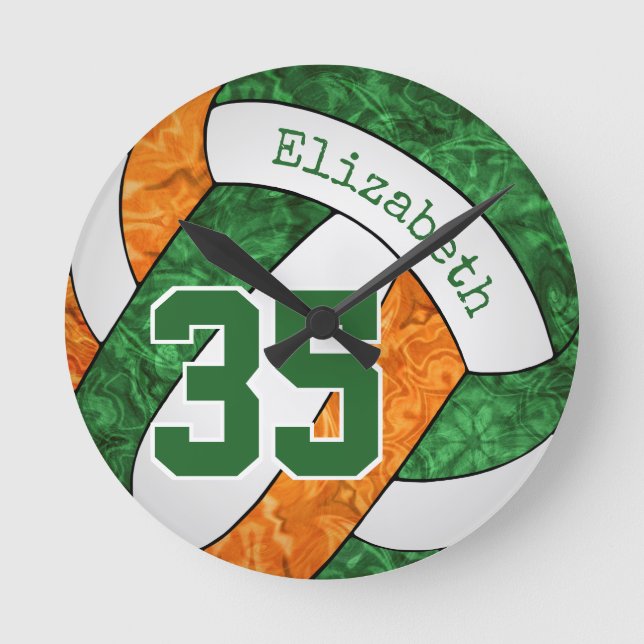 green orange girly volleyball room custom round clock (Front)