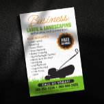 Green Orange Lawn Landscaping Service Lawncare Mow Flyer<br><div class="desc">This eye-catching flyer design is perfect for any lawn care or landscaping business seeking a classic and professional look. The simple yet impactful design features a silhouette of a lawnmower against a green grass background, instantly conveying your services to potential clients. Key features: Clear and concise messaging: The design highlights...</div>