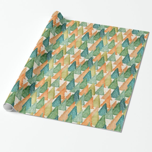 Green Orange Minimal Trendy PINE TREE CHRISTMAS Wrapping Paper (Unrolled)