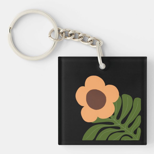 Green & Orange Modern Abstract Floral Keychain (Front)
