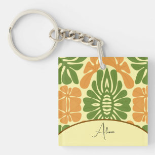 Green & Orange Modern Abstract Floral Keychain