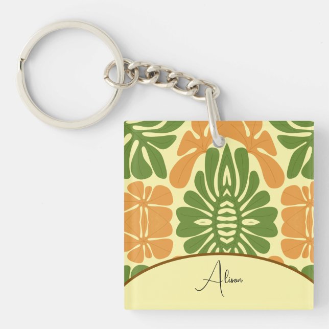 Green & Orange Modern Abstract Floral Keychain (Front)