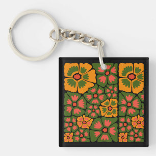 Green & Orange Modern Abstract Floral Keychain