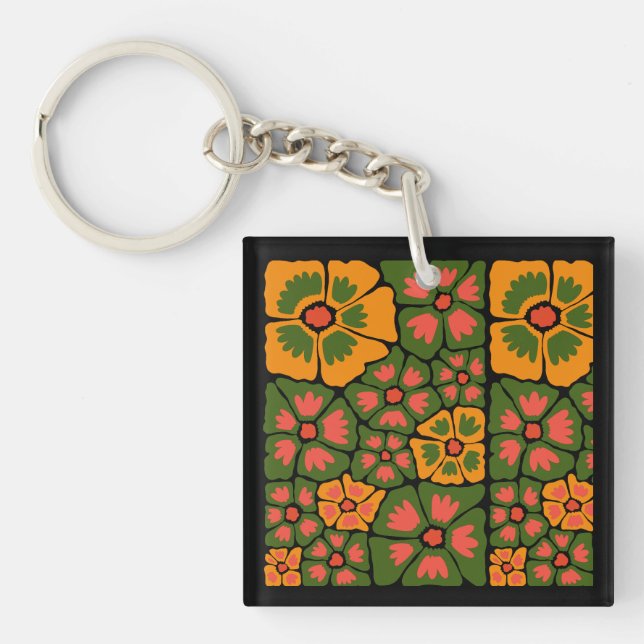 Green & Orange Modern Abstract Floral Keychain (Front)