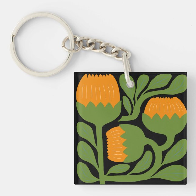 Green & Orange Modern Abstract Floral Keychain (Front)