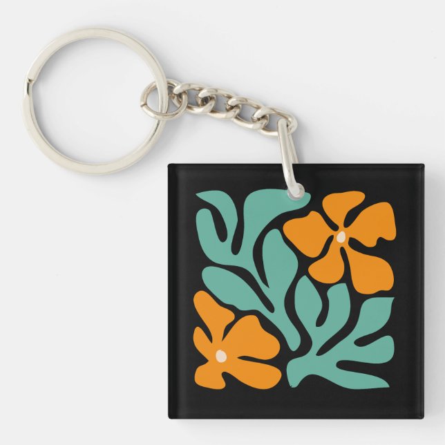 Green & Orange Modern Abstract Floral Keychain (Front)