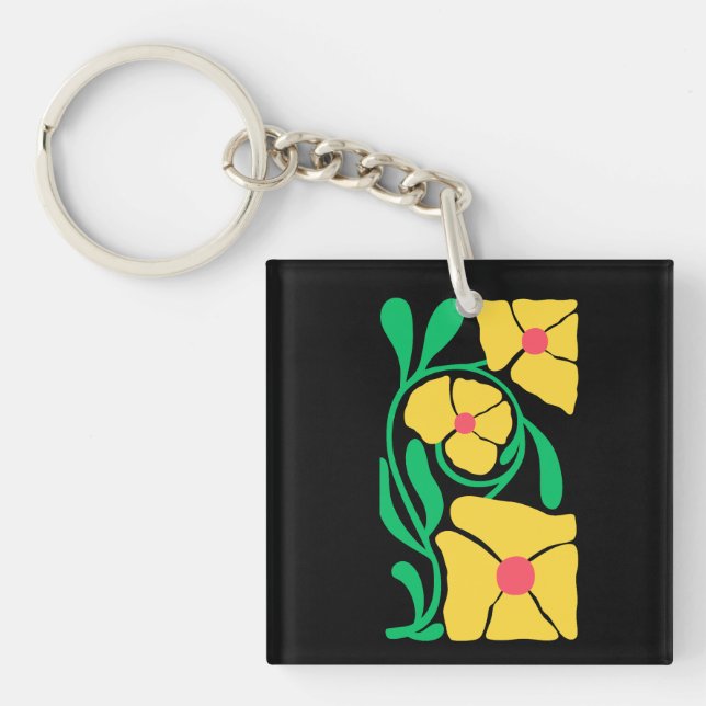 Green & Orange Modern Abstract Floral Keychain (Front)