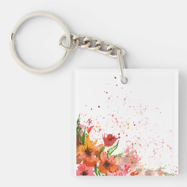 Green & Orange Modern Abstract Floral Keychain (Front)