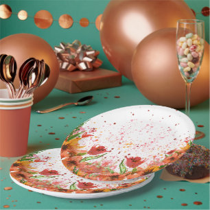 Green & Orange Modern Abstract Floral Paper Plate