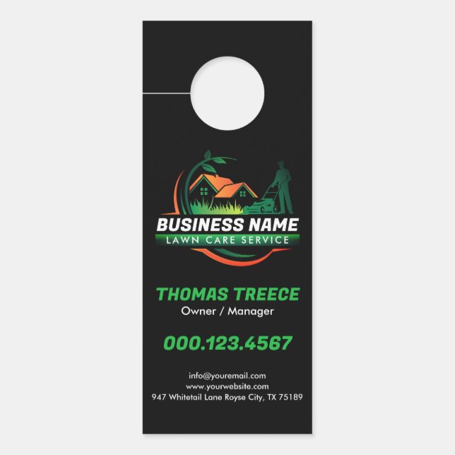 Green Orange Modern Lawn Care Landscaping Service Door Hanger (Front)