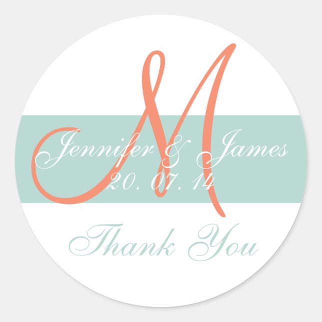 Green Orange Monogram Wedding Thank You Stickers (Front)