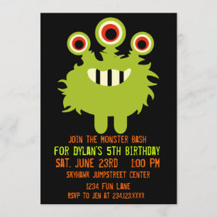 Green Orange Monster Birthday Party Invitations