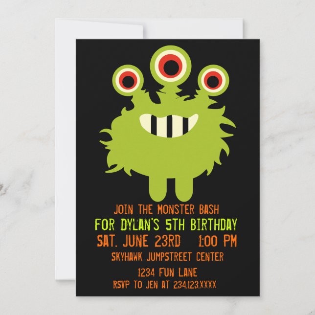Green Orange Monster Invitations de fête d'anniver (Devant)