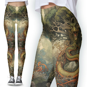 Green Orange Nature Chinese Tree Dragon Tattoo Leggings